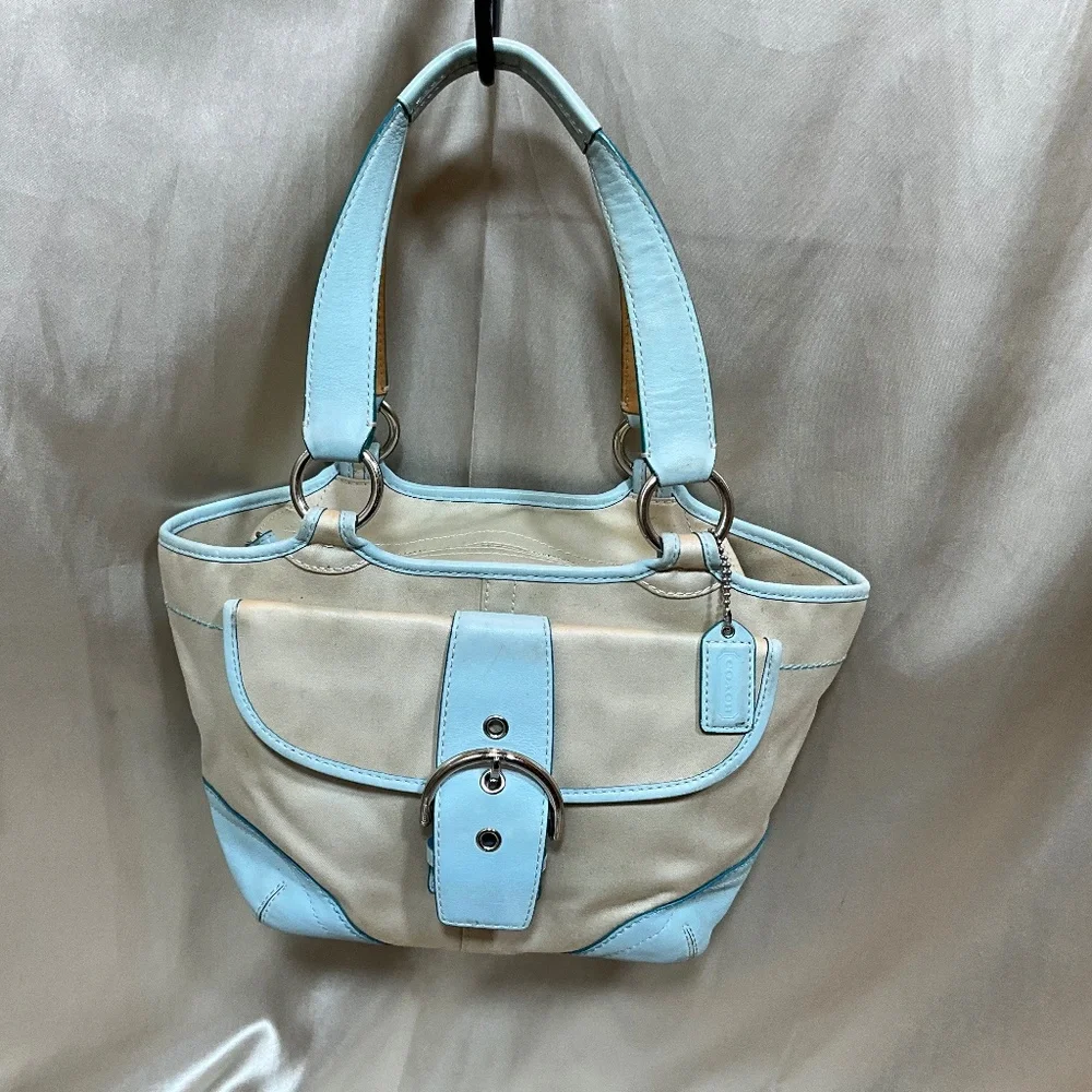 Vintage Coach handbag, beige material & baby blue leather. 10-H8Fa - Picture 1 of 12